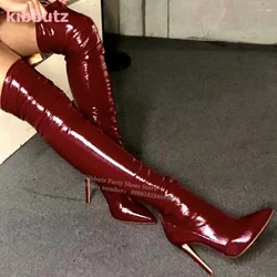 Soft Patent Leather Burgundy Boots Over The Knee  Stretch Thigh High Stiletto Pointed Toe Sexy Elegant Fashion Women Shoe Newest