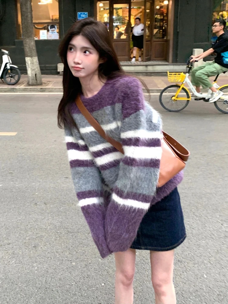 Striped Sweaters Women Autumn Winter Tender Knitwear Popular Contrast Color Japanese Style Simple Versatile Leisure Schoolgirls