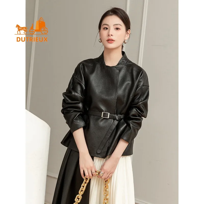 2025 New Autumn Women's Short Black Leather Jacket, Fashion and Elegant 100% Genuine Sheepskin Loose Women's Coat