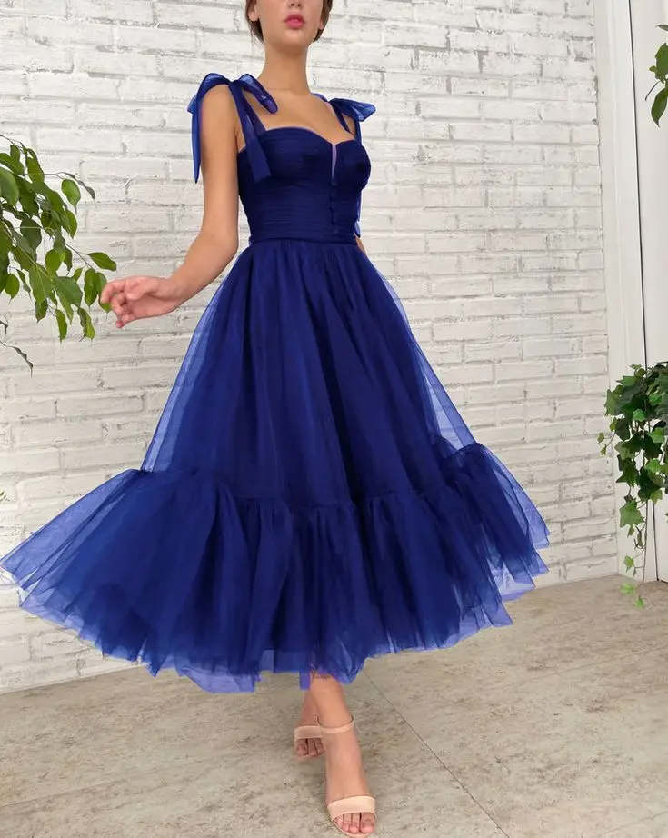 Vestidos de noite femininos de comprimento chá, linha A tule, cinta espaguete, azul royal, azul marinho, festa formal, vestidos elegantes de baile, simples, personalizados