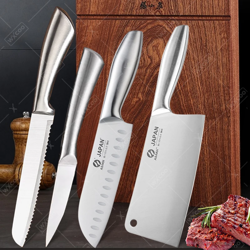 Juego de cuchillos de cocina totalmente de acero, cuchillo Santoku de 7 pulgadas, cuchillo de carnicero multiusos, corte de pan, cuchillo de fruta y melón, accesorios de cocina