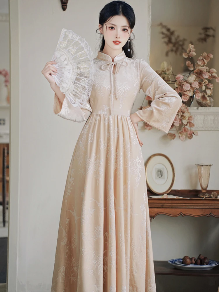 Vrouwen jacquard chique strik opstaande kraag maxi-jurk herfst winter Koreaanse vintage luxe jurk jurk 2025, elegante bodycon feestjurk