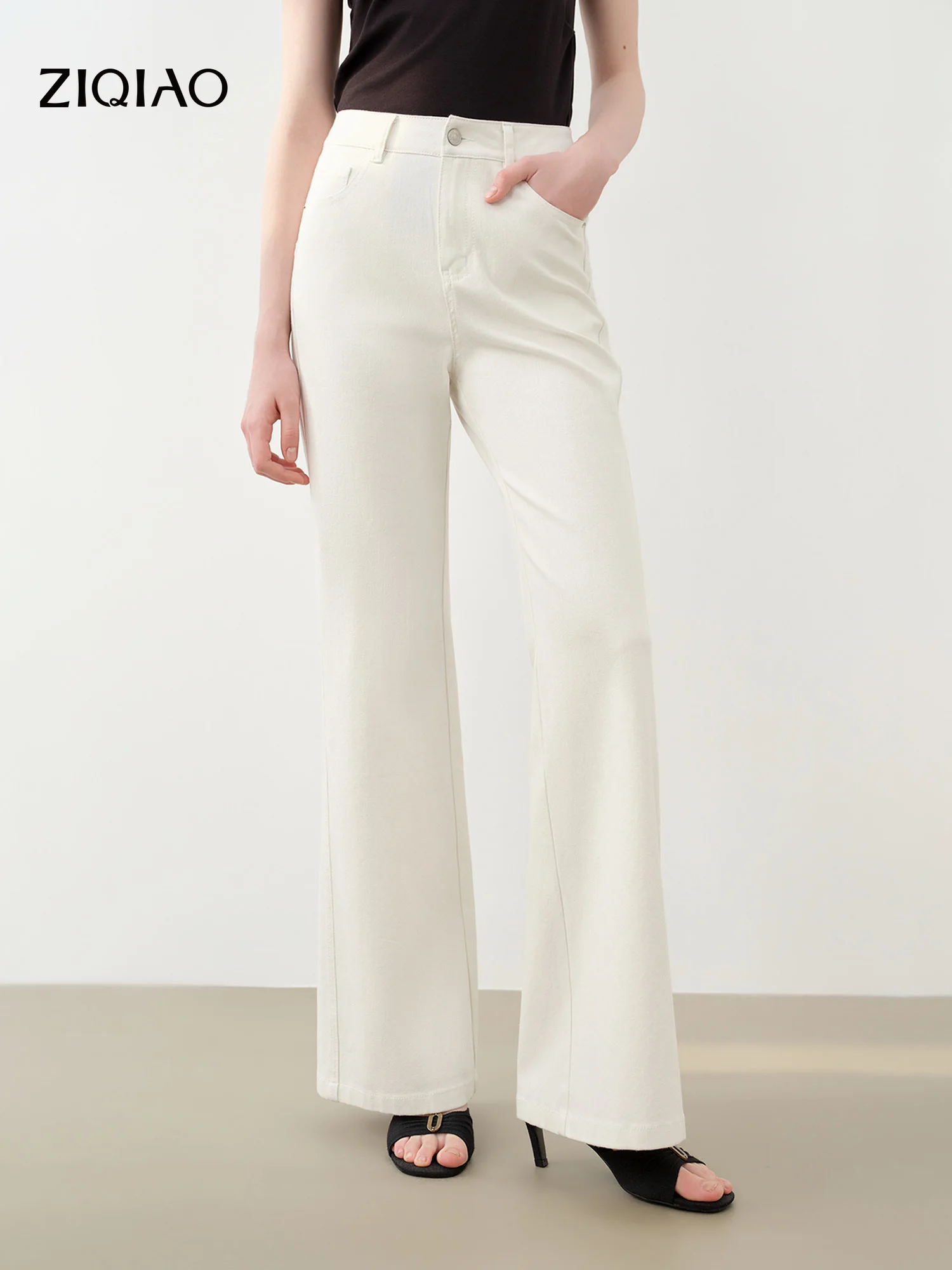 ZIQIAO Women's Light Blue Flared Jeans with Side Seam Pockets 360-Degree Stretch - 2026 Summer New Arrival Model Cotton Pants