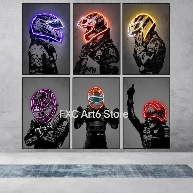 1PC frameless Racing Racer Poster Abstract Neon Helmet Print Canvas Painting Racing Car Wall Art Picture Home Decor Living Room