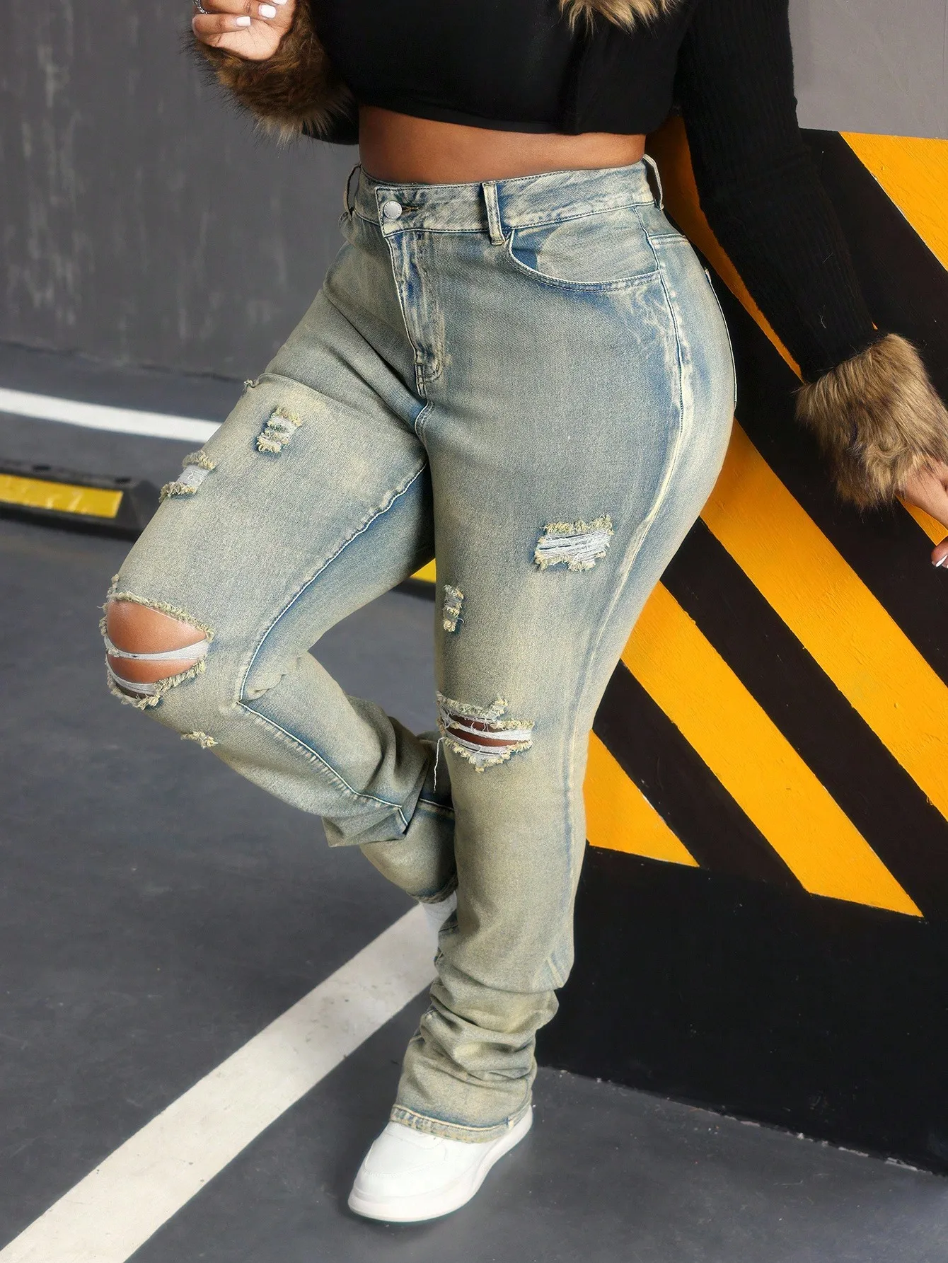 

Джинсы больших размеров с эффектом потертости, зауженные, с высокой талией, в стиле Y2K, длиной до щиколотки, для женщин