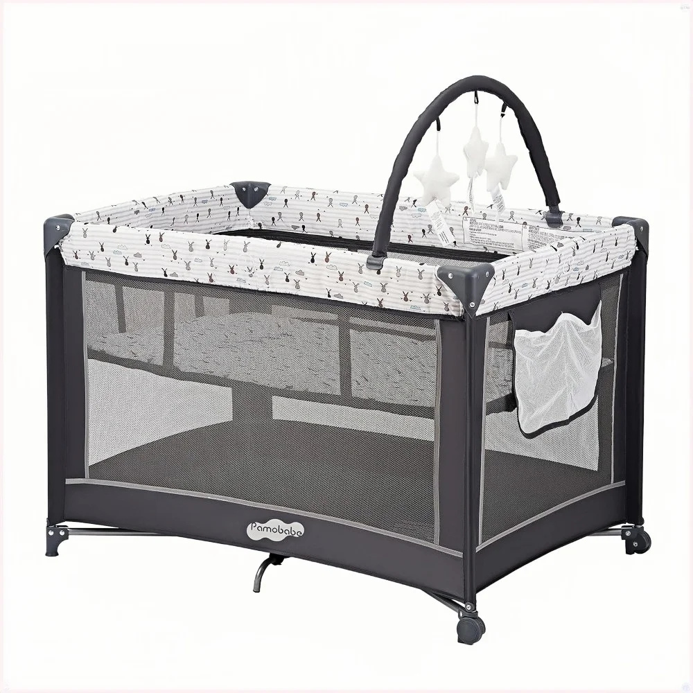 

Portable baby playpen with crib, breathable mesh fabric ensures clear visibility for your baby.