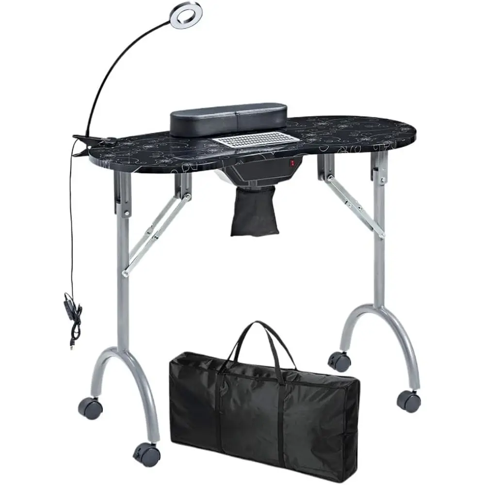 Portable LED Nail Desk with Lockable Wheels and Dust Collector, Black