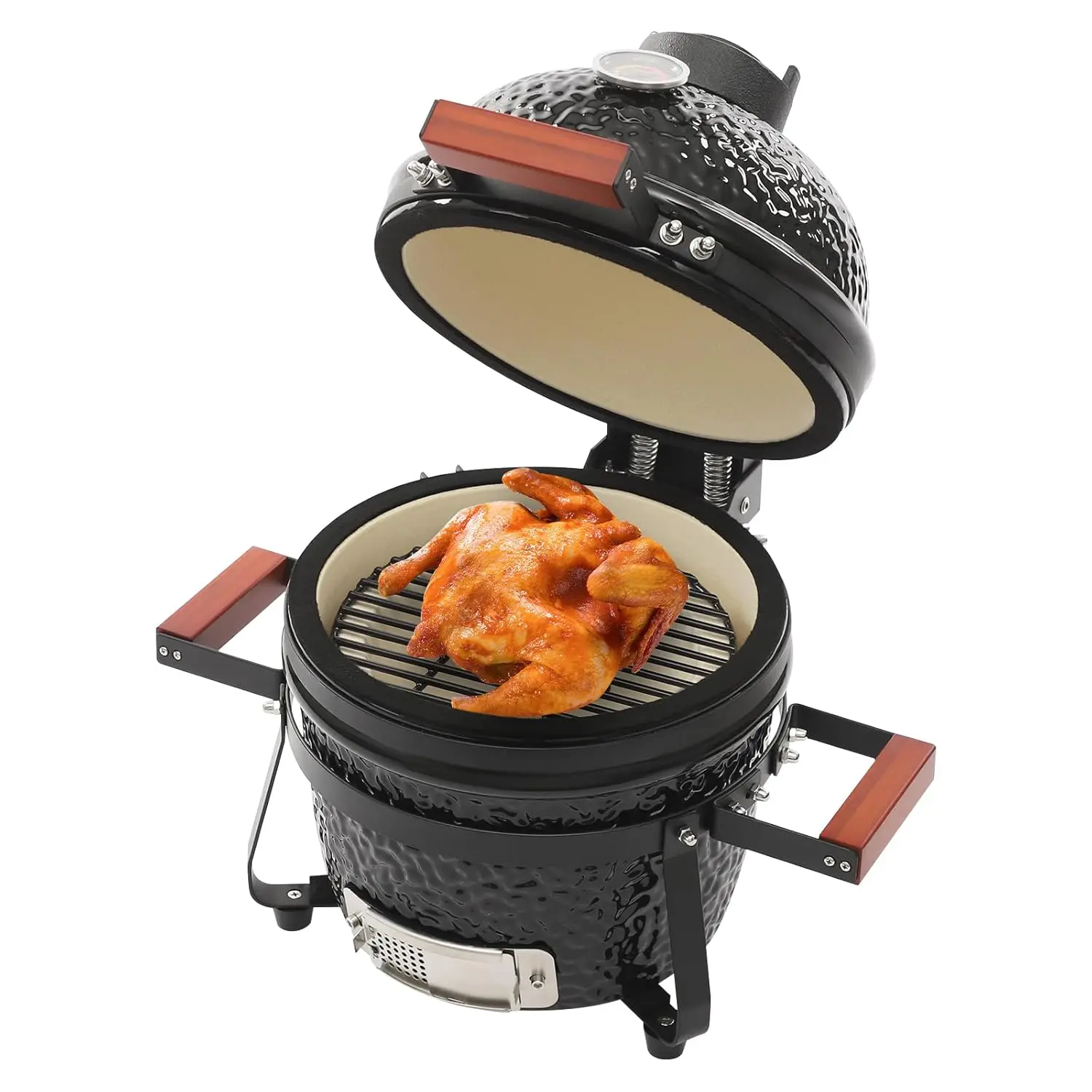 

12.6" Portable Ceramic Kamado Charcoal Grill, BBQ Smoker with Thermometer & Bamboo Handles, Freestanding Barbecue, Customized