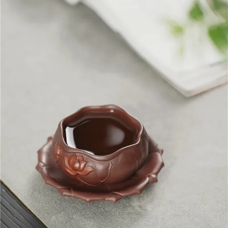 Full Handmade Tea Cup With Coaster Lotus Carved Real Yixing Zisha Master Cup Mat