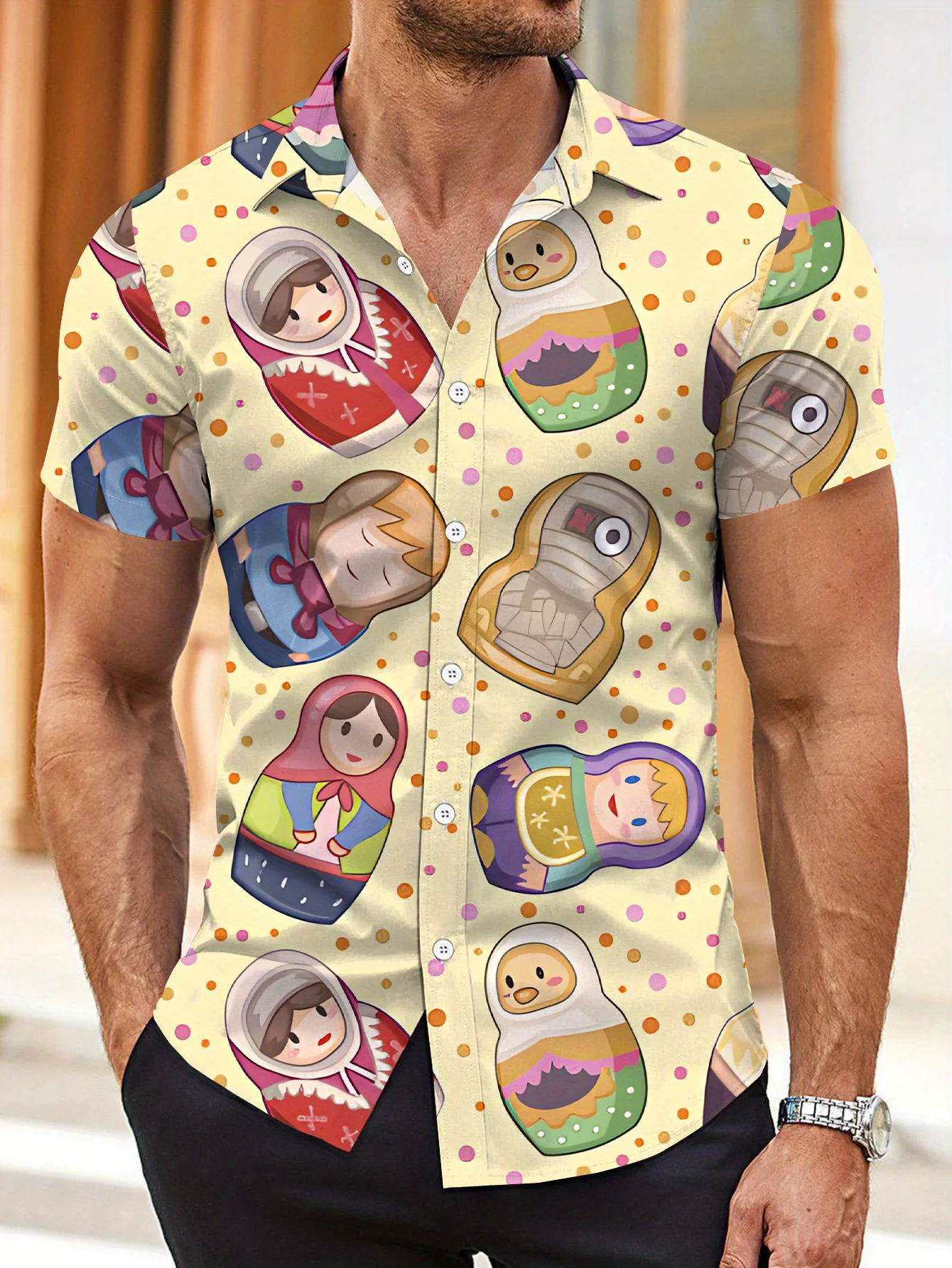 

Summer Short Sleeve Shirt men's Matryoshka Flower Pattern Good Looking Top