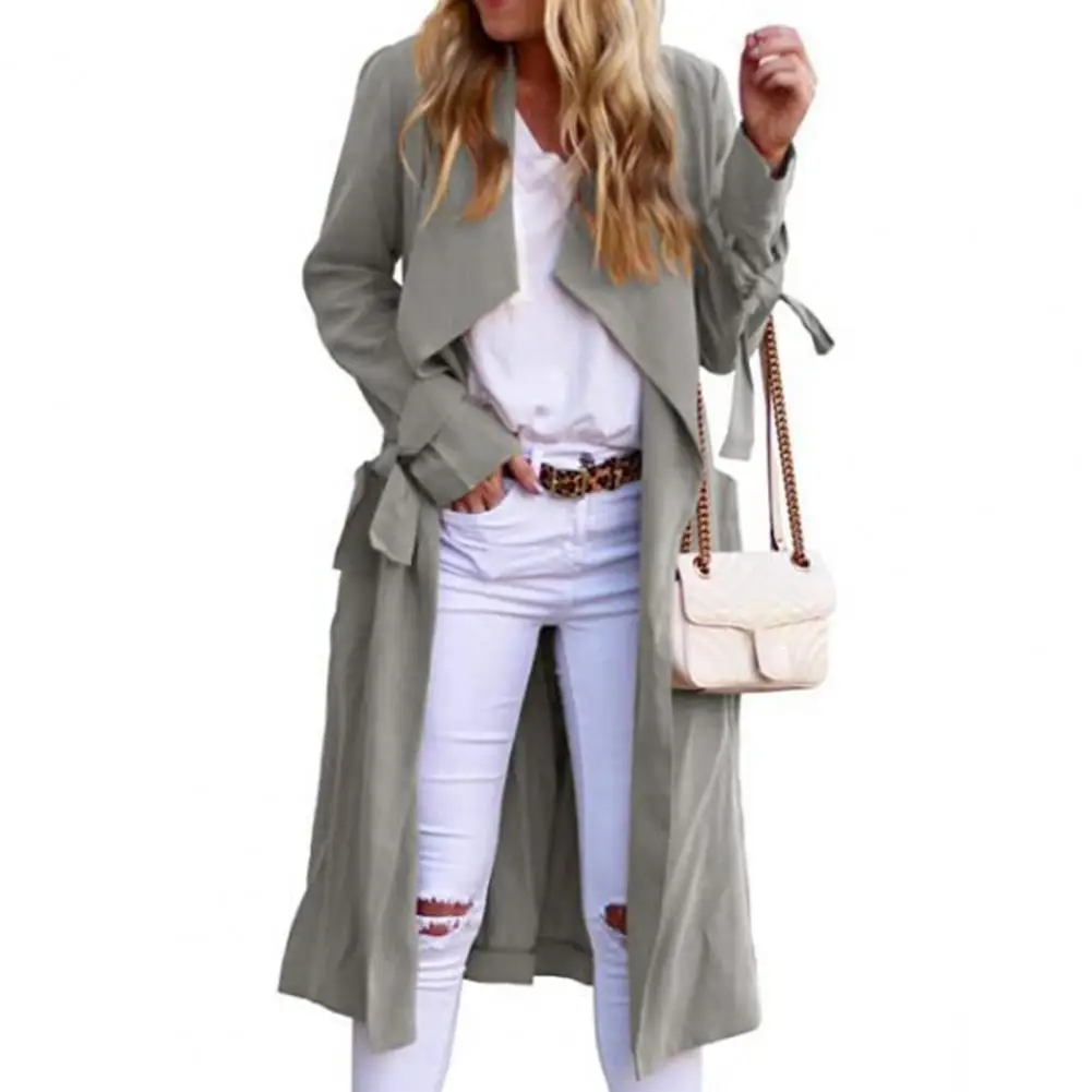 Dames Trenchcoat Lange Mouwen Met Riem Midi Lengte Zakken Cardigan Casual Voorkomen Windband Trenchcoat Voor Dames