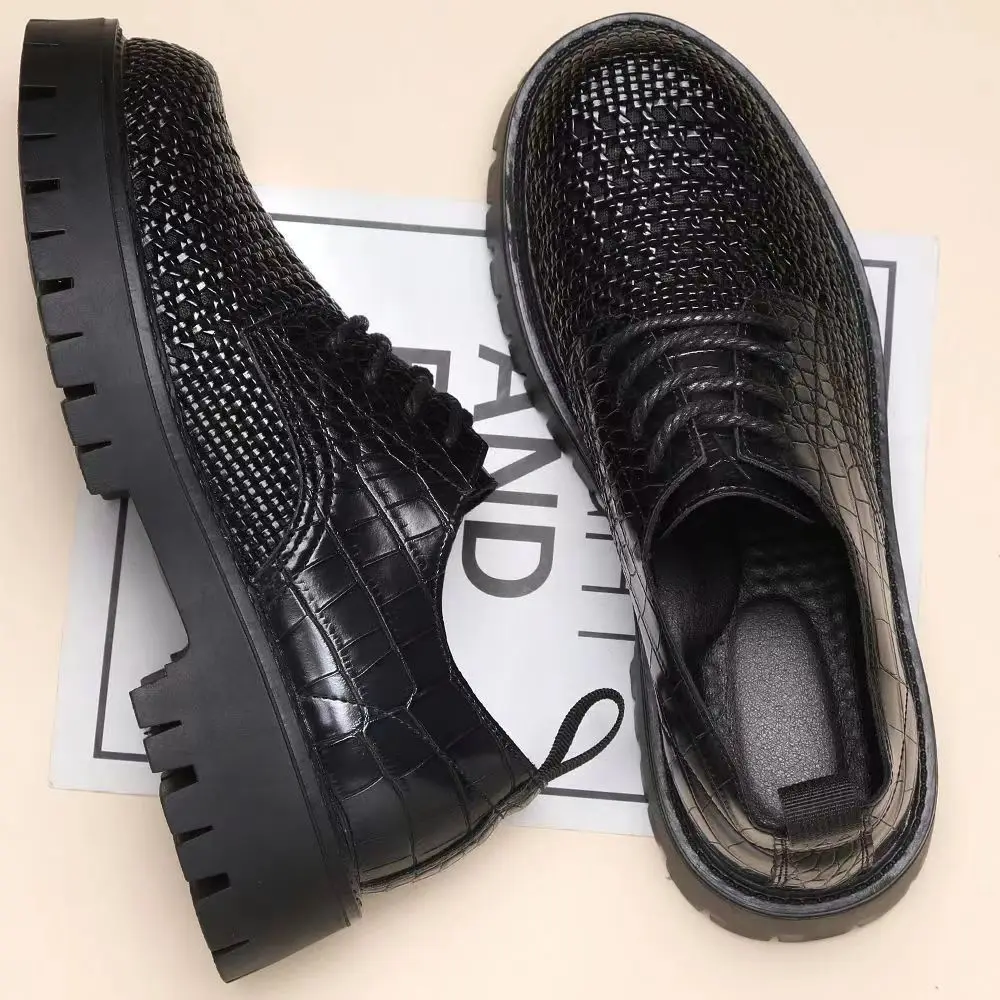 Spring leather woven leather wear-resistant thick-soled heightening casual men's first-layer cowhide breathable hollow shoes