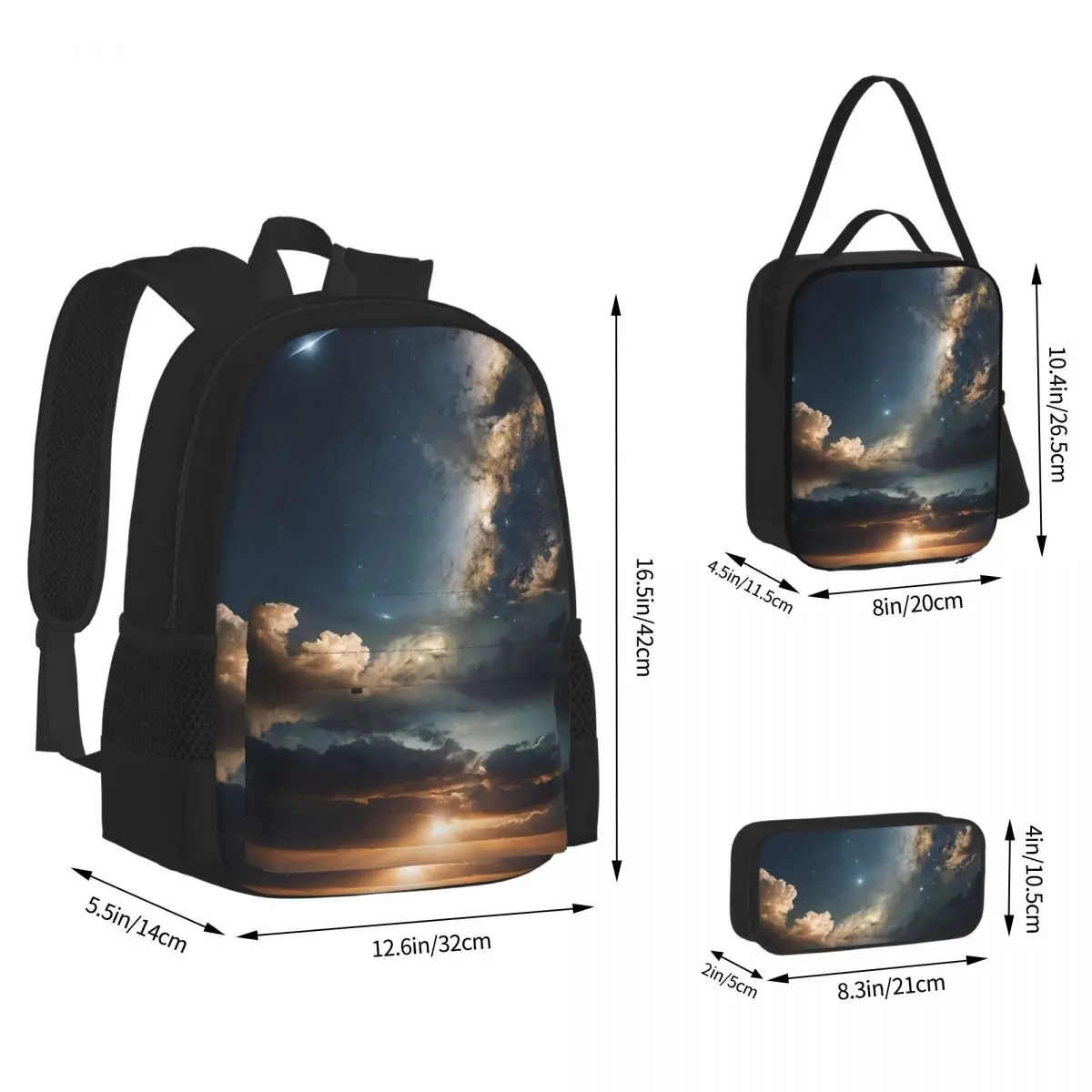 Starlit Sky Milky Way Starry Backpacks Students Bookbag School Bags Rucksack Lunch Bag Pen Bag Three-Piece Set