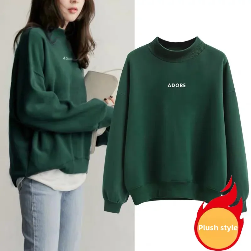 Fleece-lined Sweatshirt Women's Loose-fit Half Polo/turtle Neck Green Jacket Student Letter Top 2023 Autumn/winter New Arrival