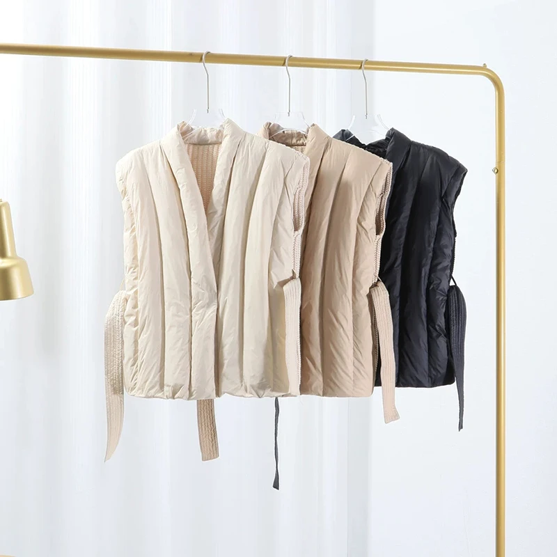 Schinteon feminino pato branco para baixo tricô lã colete outono inverno quente sem mangas jaqueta estilo coreano luxuoso topo 2025 novo