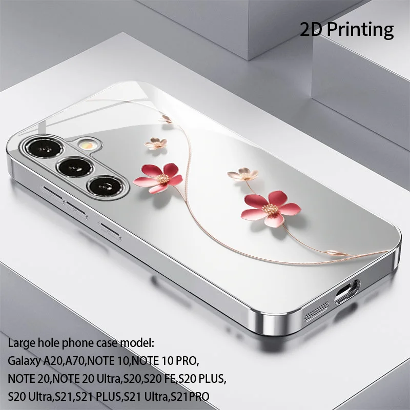 Metal flower patterned glass phone case suitable for Samsung Galaxy S26 S25 S24 S23 S22 S20 FE/Ultra/Plus anti drop back cover