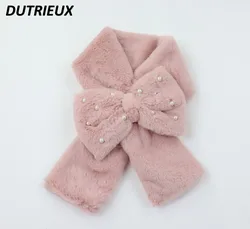 Bow Sweet Solid Color Scarf Japanese Plush Imitation Rabbit Fur Winter New Cute Girl Warm Long Bead Scarf Accessories