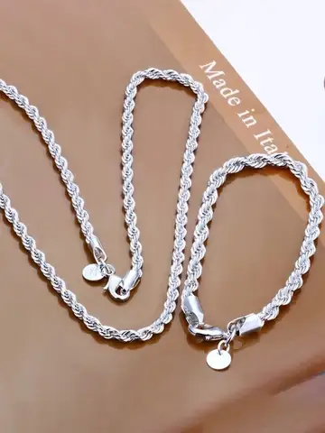 Silver Color 4mm Chain Male Twisted Rope Necklace Bracelets Fashion Women Men Silver High Quality Jewelry Set