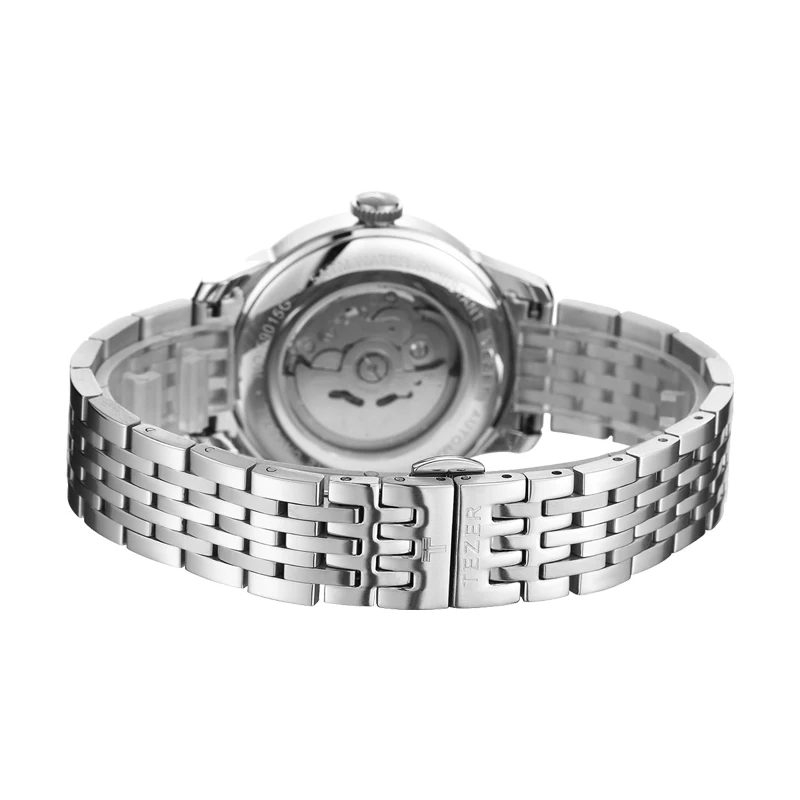 TEZER Men Automatic Watch | Hollow Skeleton Dial | Roman Numeral Markers | Solid Steel Bracelet | 50M Water Resistant