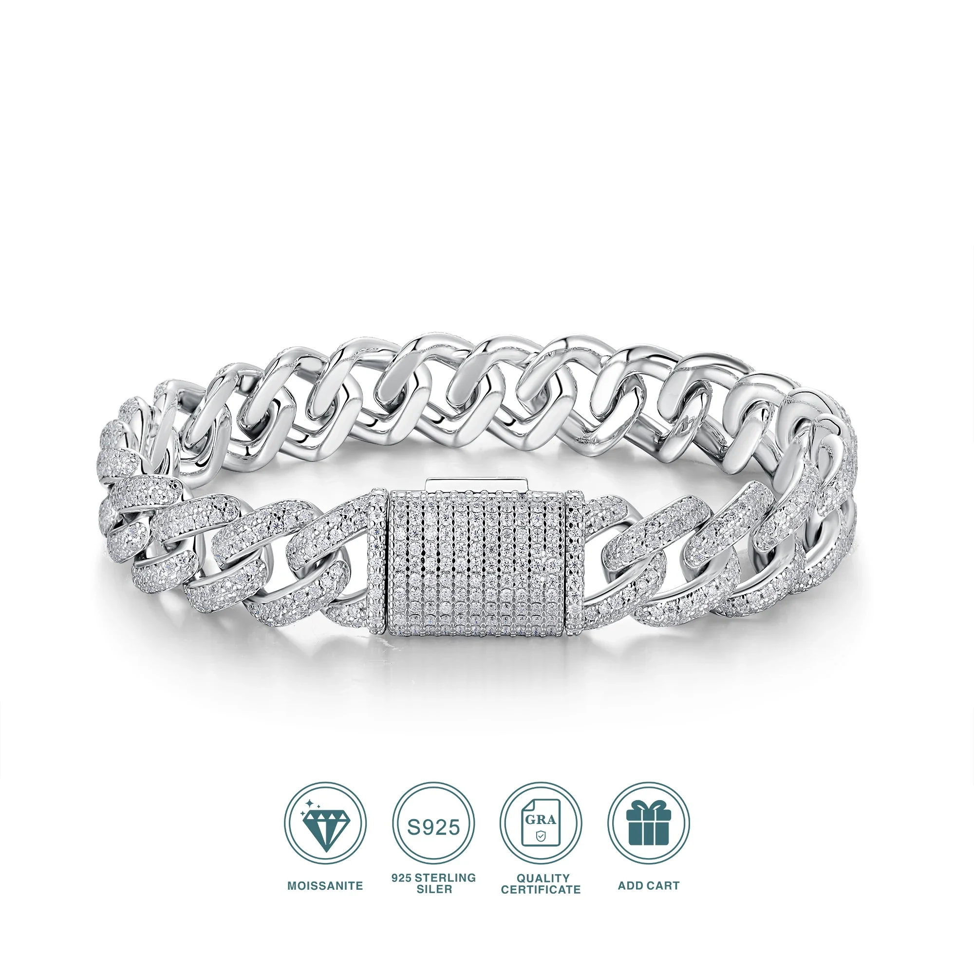 

JIUZUAN S925 Silver Cuban Link Bracelet with Moissanite, 18K Gold Plated, Christmas Gift with GRA Cert, Gender-Neutral Jewelry