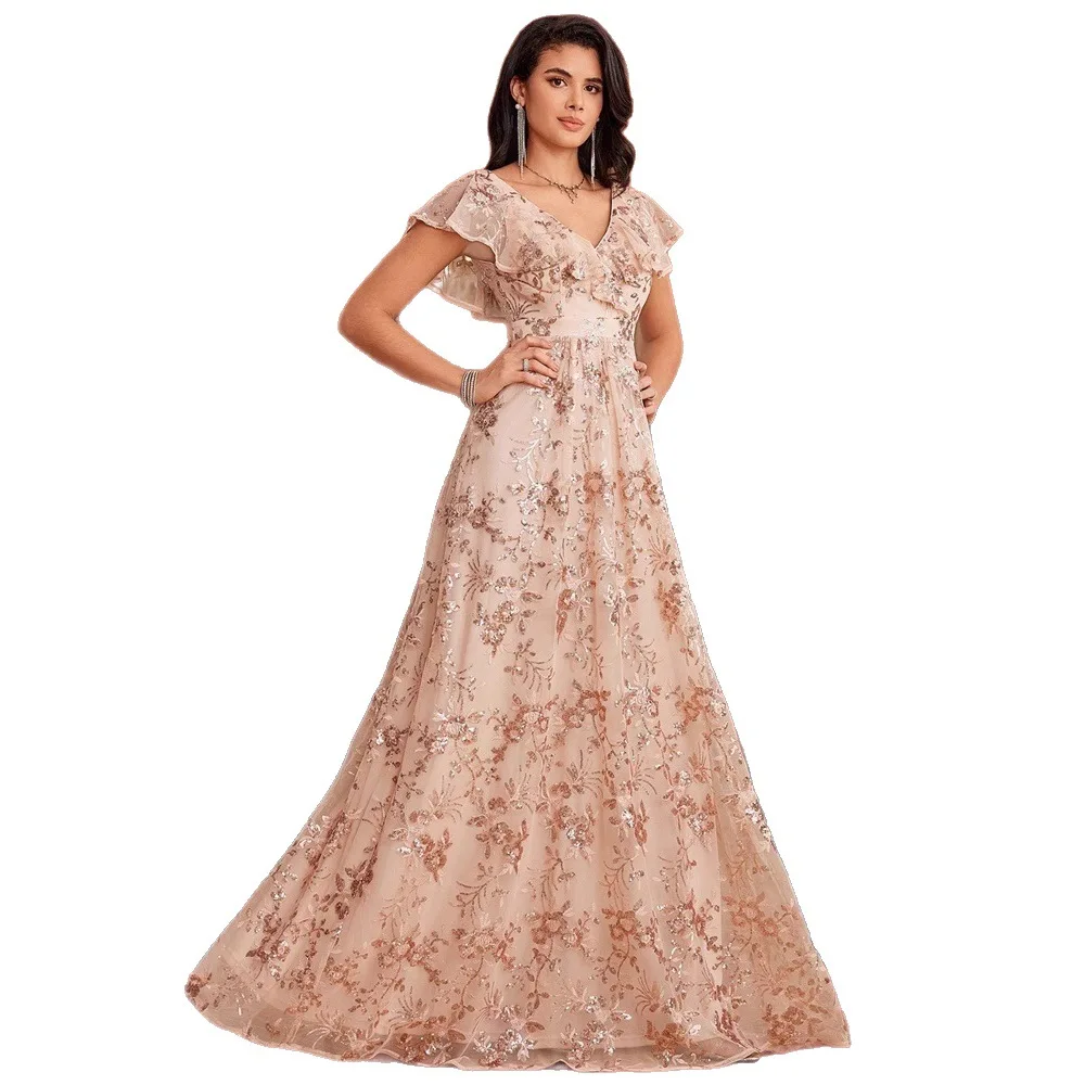 Abito da damigella d'onore con scollo a V, maniche a volant trasparenti, paillettes floreali oro rosa, in tulle, linea ad A, rosa cipria, con strascico, per matrimonio in giardino