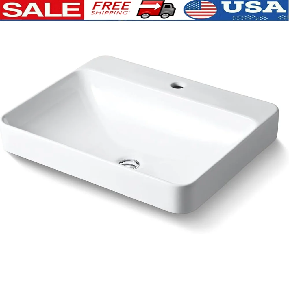 

Vessel Bathroom Sink with Single Faucet Hole Oval Basin Overflow Drain Vitreous China Drop-In Installation and Faucet Deck