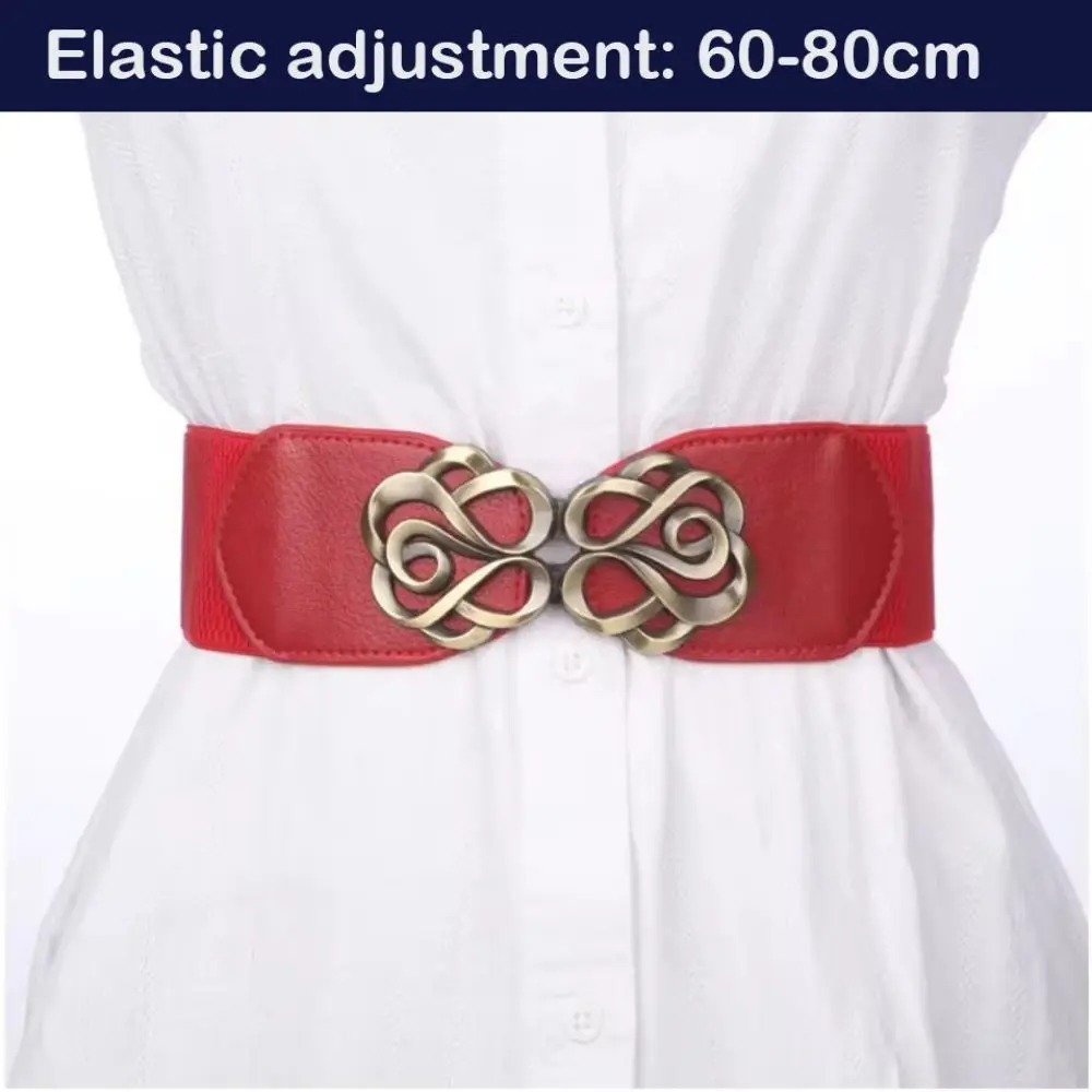 Vintage 60-80cm Women Leather Belt for Dress Brass Retro Buckle Elastic Overcoat Stretched Band Durable Lady Belt