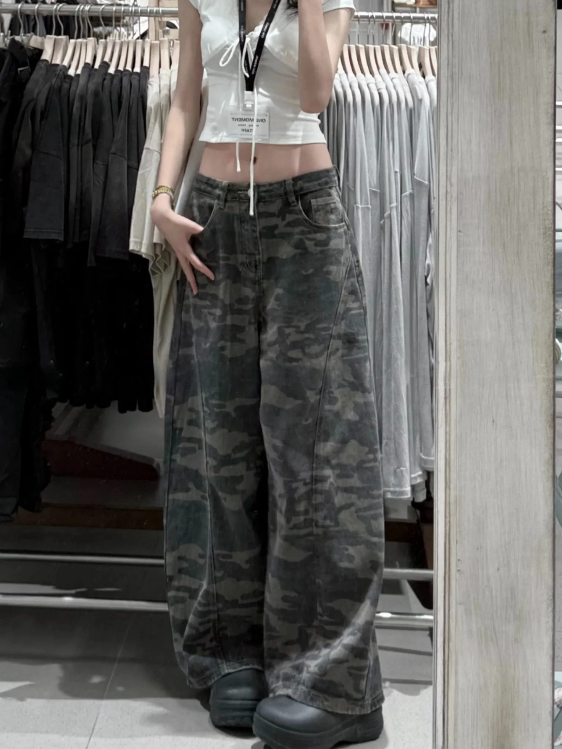 

American Sle Loose Wide Leg Camouflage Print Women's Jeans Casual High Waist Trousers Street Sle Denim Pants for Adults