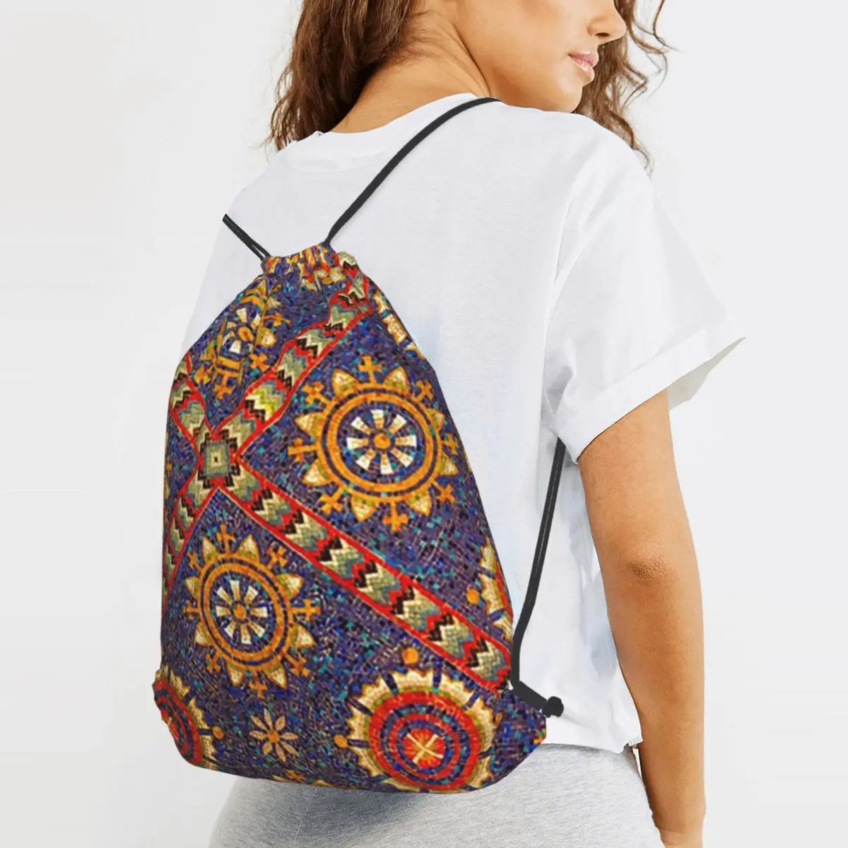 Intricate Symmetrical Mosaic Tile Backpacks Portable Drawstring Bundle Pocket Sundries Bag Book Bags for Man Woman Students