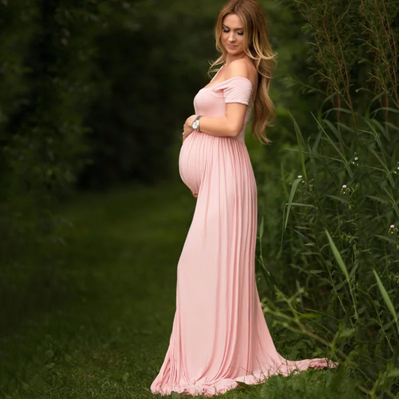 Front-Open Maternity Gown with Extra Long Sweep Train for Photography Dress Clothes for Pregnant Women
