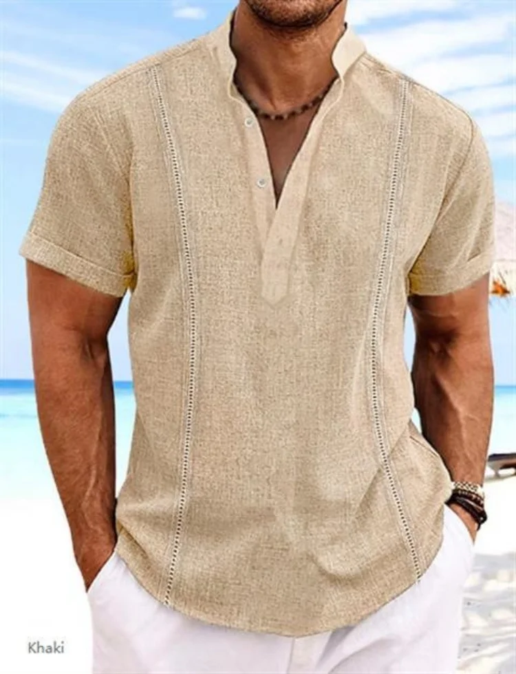 2024 estate esplosiva manica corta da uomo Henry colletto tinta unita camicia di lino in cotone top tendenza moda uomo casual stile spiaggia