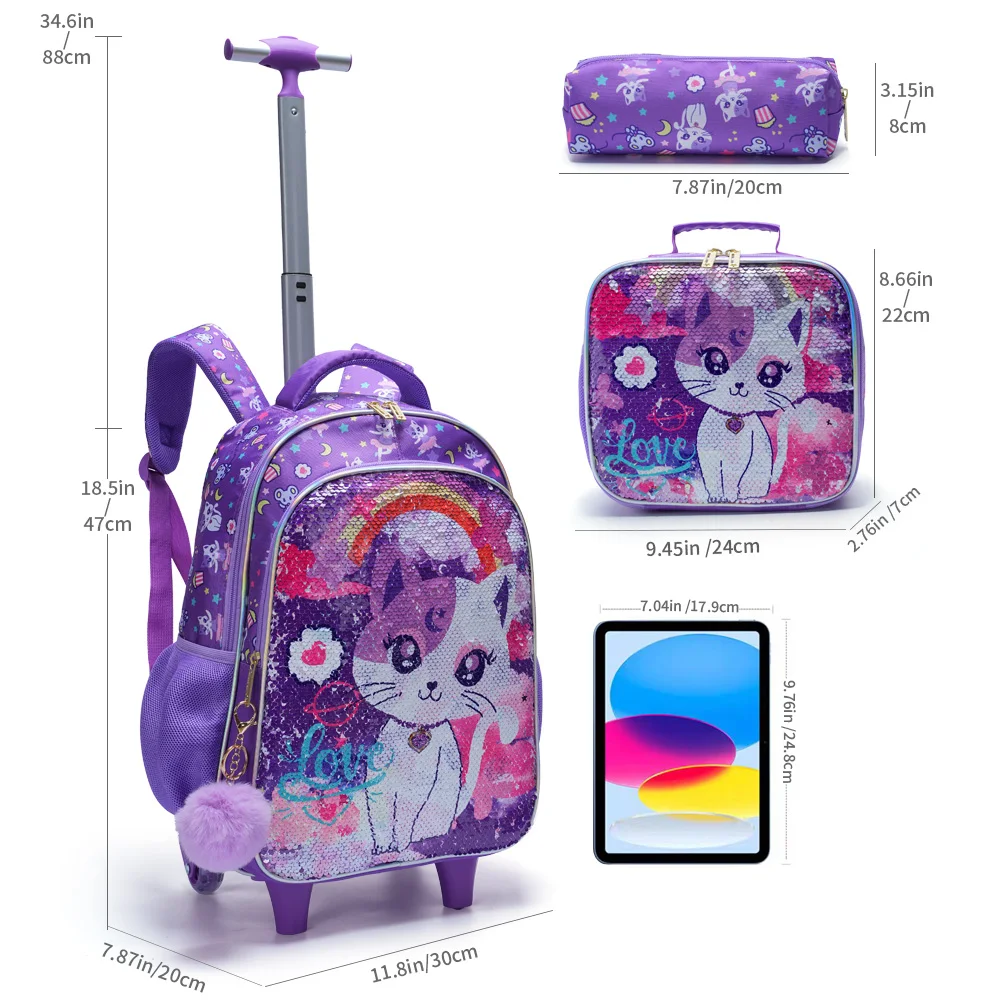 3PCS set Rolling Backpack For Girls, Cute Cartoon Cat Sequin Wheeled Bookbag For Elementary Students, With Lunch Box And Pen Bag