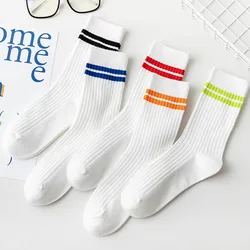 Couple Stockings Unisex Style Cotton Stockings Colorful Stripes White Socks High Cylinder Simplicity Versatile Sports