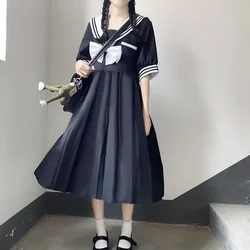 Summer New Sailor Collar Short-Sleeve Dress Loose Medium-Length Female Students Woman Dress Vestido De Mujer Femme Robe