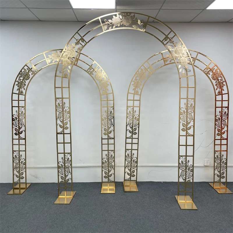 Shiny Gold Silver Hollow Rose Arch Outdoor Wedding Floral Arch three-bar Arch