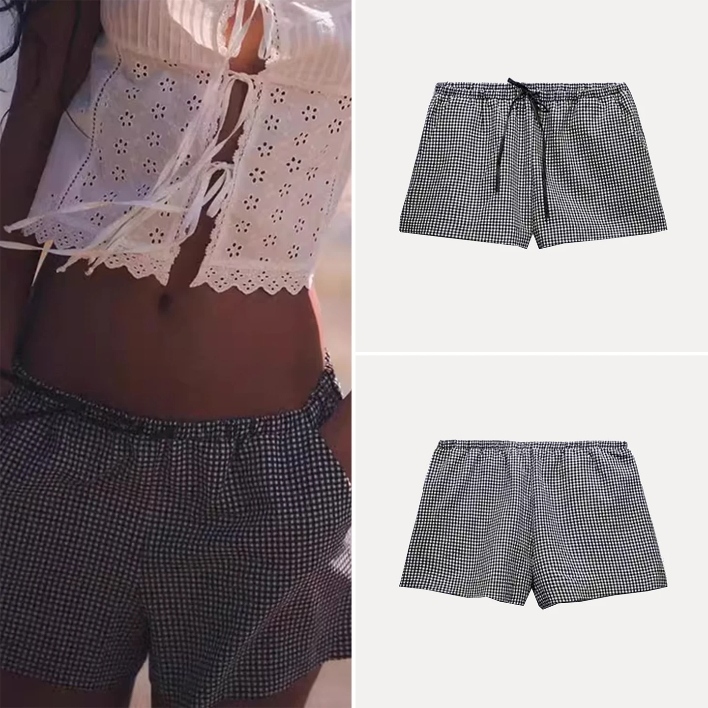 レディース向けローウエストチェック柄パンツ、ポケットとベルト付き、2025年夏、カジュアルストレートレッグ、ポリエステル繊維、肌に優しく通気性抜群