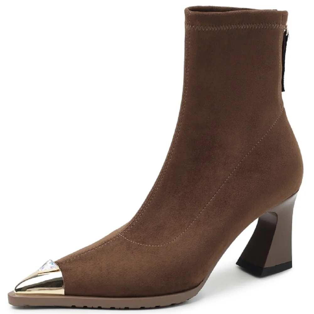 【JOCHEBED HU】أحذية نسائية قصيرة برأس معدني من الصوف بكعب عالٍ مرن للتخسيس حذاء من الجلد للخريف نمط جديد حذاء كاجوال 33-40 #3