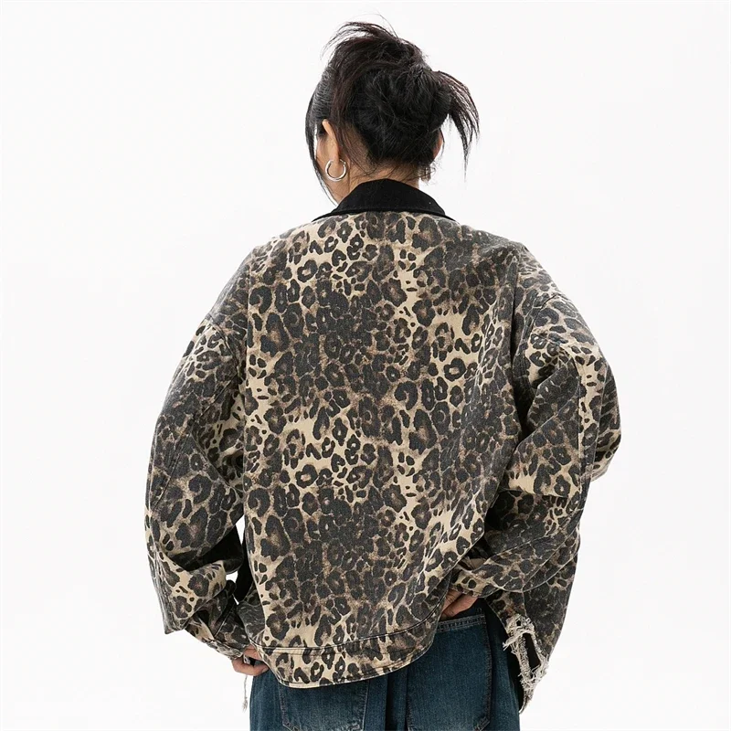 Chaqueta cortavientos corta Vintage para mujer, Chaquetas vaqueras de leopardo de algodón, marca de lujo, ropa de otoño, 2024