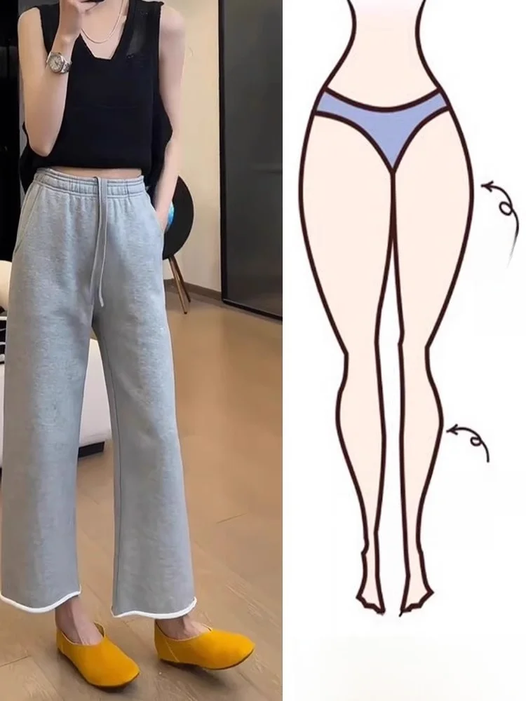 High Waist Straight Leg Pants Summer New Style Wide Leg Crop Pants Cuffed Sweatpants Pear Shape Body Type Slimming Trousers