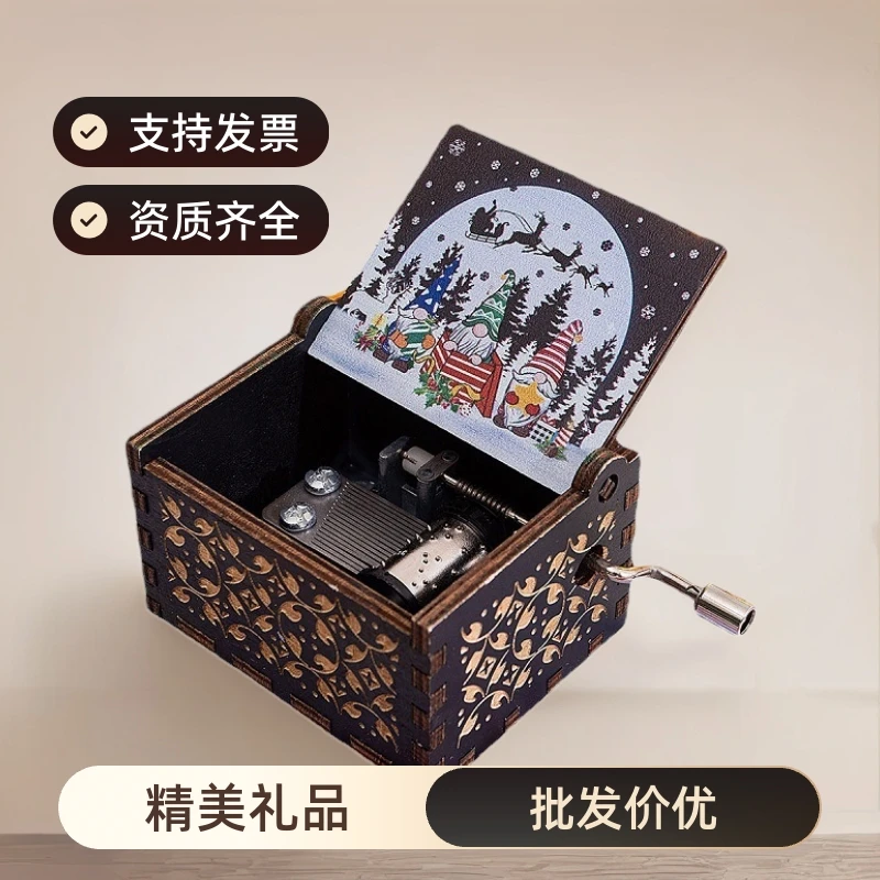 

New Wooden hand-cranked music box Merry Christmas music Painted music box Stall ornament Gifts Gifts
