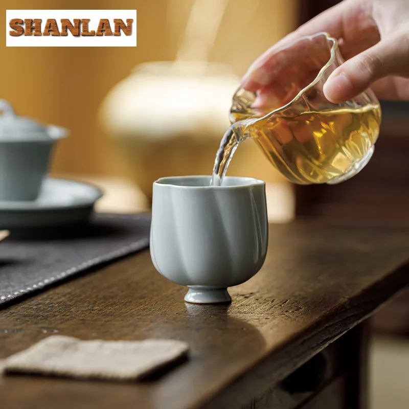 120ml Handamde Sky Blue Ru Kiln Porcelain Teacup Retro Tea Bowl Set Of Cups Tea-tasting Smelling Cup Chazhan Master Cups Teaset