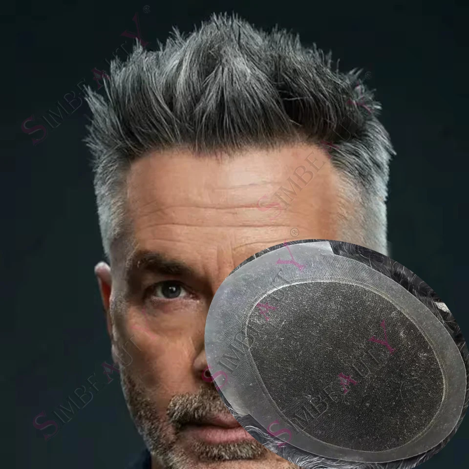 

Новая дышащая парика-накладка из натуральных волос с тонкой полиуретановой основой (PU) и кружевной сеткой, коричнево-серая (оттенок 1B50), для мужчин, система замещения волос, парик для пожилых мужчин