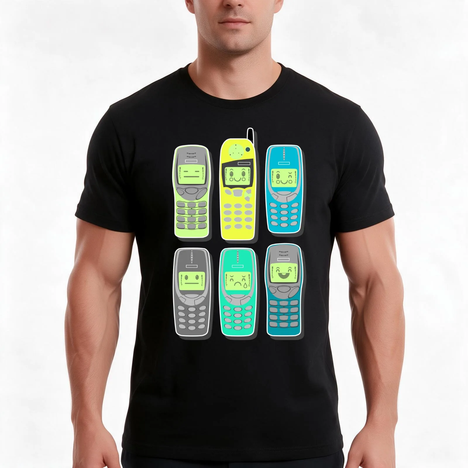 Vintage Cellphone Pattern T-Shirt, Summer Casual Cotton Tee, Oversized Streetwear Tops, Vintage Graphic Print, Unisex Men Women
