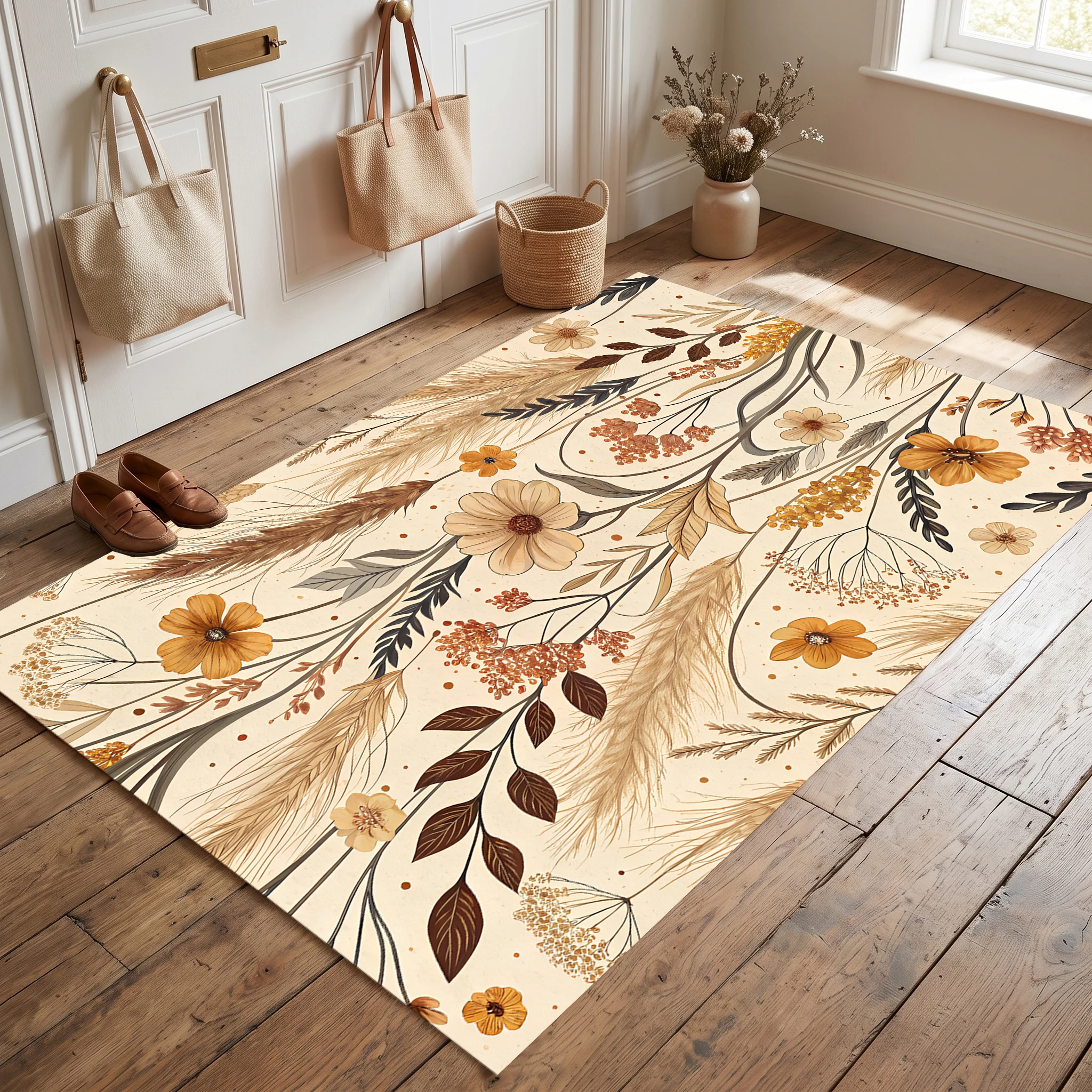 Velvet Rug Autumn Flower Wheat Ear Branch Retro Warm Pastoral for Living Room Bedroom Bedside Home Decor