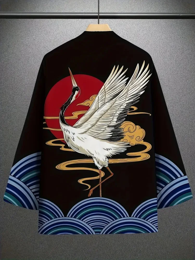 New Trend Fashion Men's Casual Kimono Sunset Flying Crane 3D Printing Men's Traditional Kimono Daily Casual Men's Cardigan