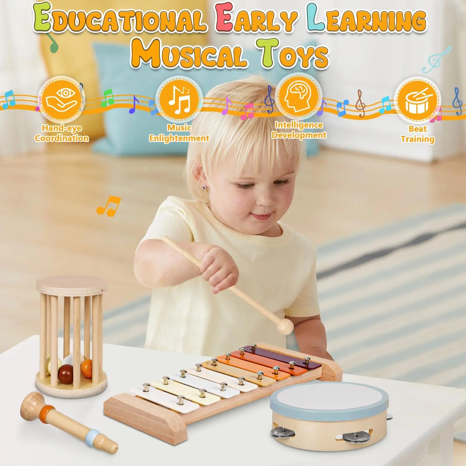 7Pcs Kleinkind Musical Instruments Montessori Holz Percussion Spielzeug Baby Frühen Vorschule Lernen Musik Xylophon Geschenk Spielzeug