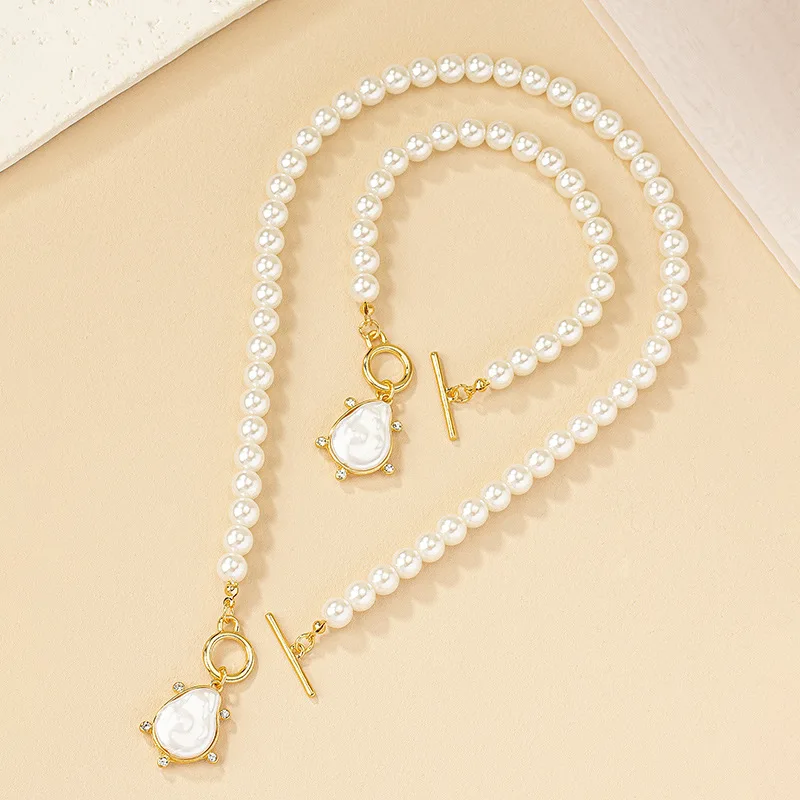 Irregular Imitation Pearl Pendant Bracelet Necklace Set For Women\'s Collarbone Chain Holiday Party Gift Fashion Jewelry AS007