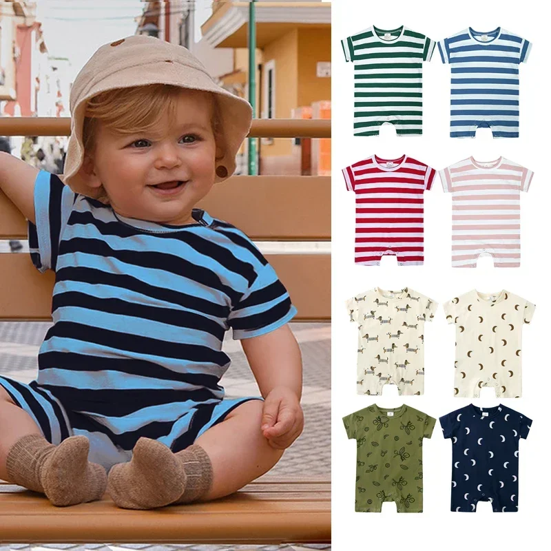 

Детские летние комбинезоны унисекс для новорожденных, вязаный комбинезон в полоску для новорожденных, одежда для маленьких мальчиков и девочек, хлопковая одежда с застежкой на пуговицы