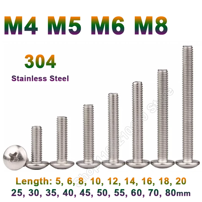 

10-30pc M4 M5 M6 M8 High Quality 304 A2 Stainless Steel JISB1111T Cross Phillips Truss Head Large Round Screw Bolt Length 4-60mm