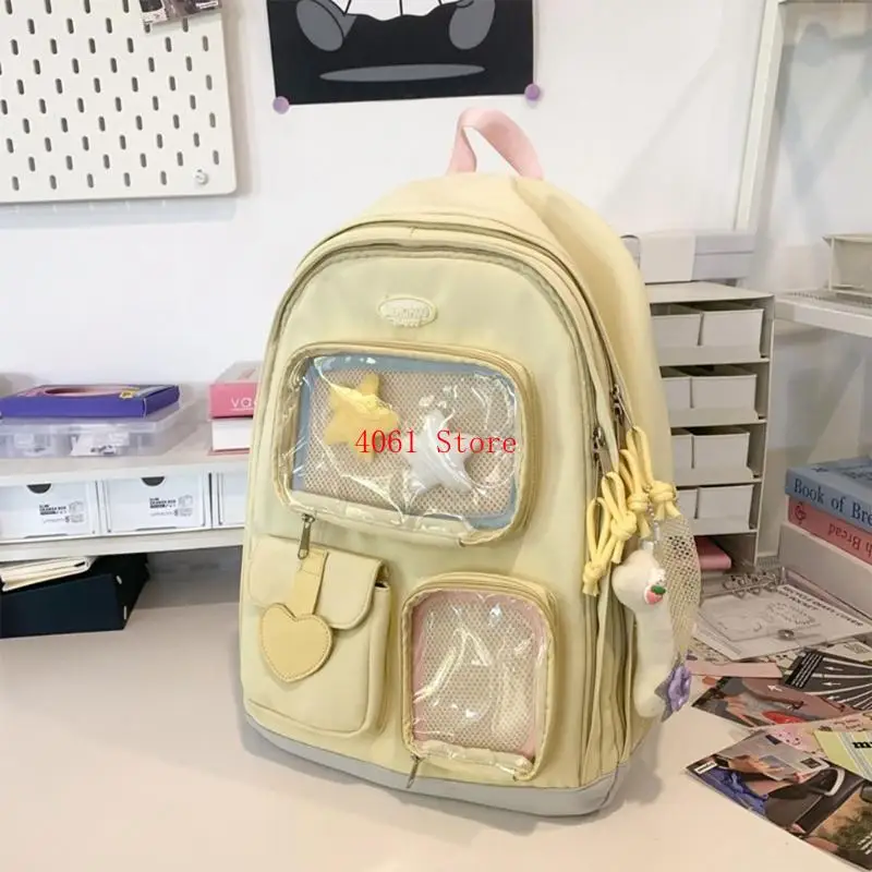 حقيبة ظهر مدرسية للفتيات المراهقات والأولاد مع جيب شفاف على شكل حقيبة ظهر جمالية كورية ذات سعة كبيرة وحقيبة كتب مدرسية #5